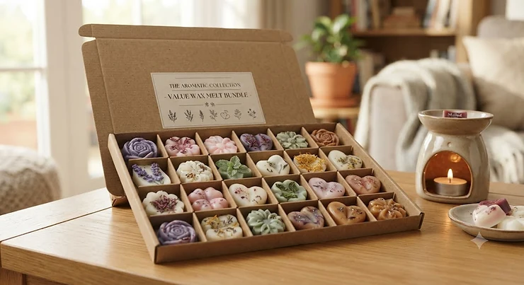 A selection of assorted scented wax melts displayed in a value wax melt bundle box.