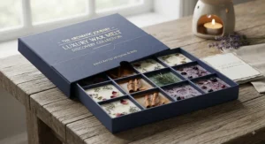 A luxury wax melt sample pack gift box containing various artisanal scents
