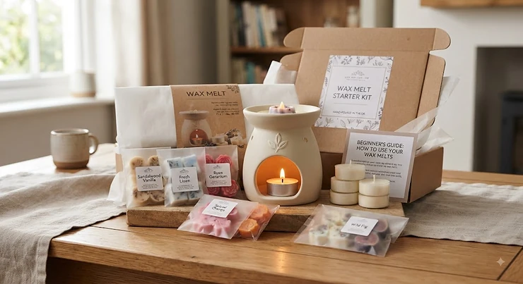 Wax melt gift set for beginners featuring a ceramic burner and assorted British-made soy wax melts.