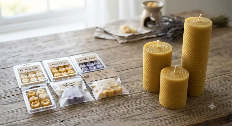 Comparison layout showing wax melt sample packs alongside full size beeswax pillar candles on a rustic wooden table.