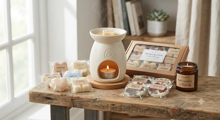 A complete wax melt starter kit featuring a stylish ceramic wax warmer and a selection of scented melts.