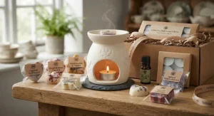 A premium wax melt warmer gift set including various essential oil fragrance melts and a tealight candle.
