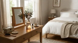 Aromatherapy floral wax melts for bedroom near a comfortable bed with neutral linen bedding