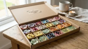 Artisan floral wax melt gift set presented inside a rustic brown kraft gift box