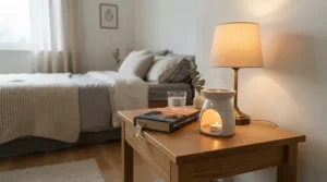 Rich base note fragrances from woody wax melts resting on a bedside table before bedtime
