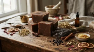 Handcrafted botanical elements surrounding the best oud wax melts on a rustic wooden workbench.