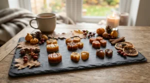 Autumnal styling featuring dried leaves and the best oud wax melts in a decorative ceramic dish.