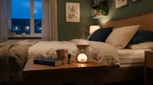 A peaceful bedroom setting illuminated by bedside lighting, featuring the best oud wax melts in a glass burner.