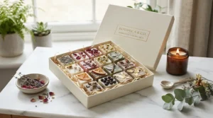 An elegantly packaged gift box of the best oud wax melts laid out on a marble countertop.