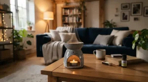A cosy living room showcasing best oud wax melts burning in a stylish burner on a wooden coffee table.