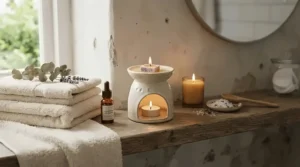 A relaxing spa-like bathroom display featuring the best oud wax melts next to rolled towels and lit candles.