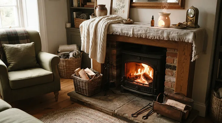 A winter scene by a fireplace where the best oud wax melts create a rich fragrance for home.
