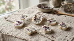 Botanical lavender wax melts decorated with real dried purple flowers on linen fabric