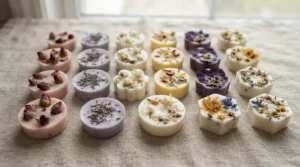 Selection of floral home fragrances including red rose wax melts and white jasmine wax melts on a linen surface
