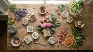 Person smelling fresh rose petals and white jasmine flowers beside unused soy wax melts on a wooden table