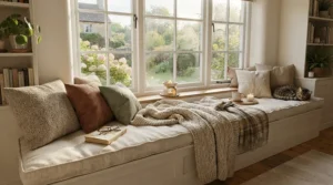 A plush window seat showcasing earthy wax melts for living room in a Victorian terraced home