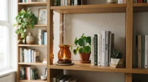 Stylised shelf display featuring earthy wax melts for living room alongside hardcover books and foliage