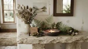 Dried moss and botanical elements arranged around earthy wax melts for living room