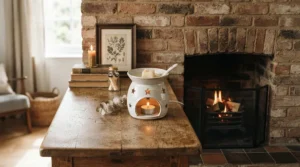 Earth-toned ceramic burner with earthy wax melts for living room near a rustic fireplace