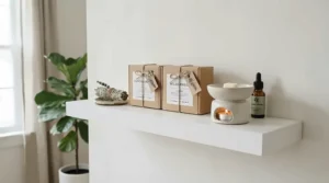 A sleek floating shelf displaying packaged earthy wax melts for living room in neutral tones