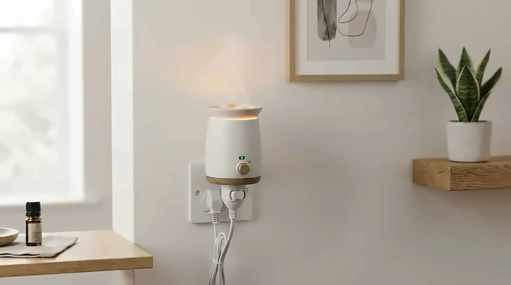 A modern plug-in electric burner melting scented fresh linen wax melts