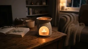 Cozy evening scene with a lit burner diffusing sweet rose wax melts and calming jasmine wax melts