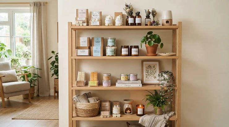 Floral wax melt gift set displayed neatly on a wooden home decor shelving unit