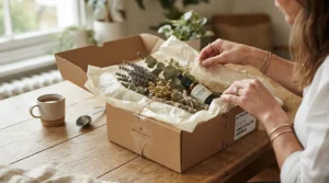 Unboxing a floral wax melt gift set in eco-friendly packaging with botanical designs