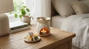 Relaxing floral wax melts for bedroom styling featuring dried lavender and rose petals on a ceramic burner.