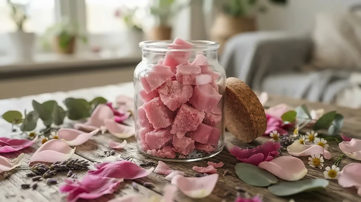 Romantic floral wax melts for bedroom ambience displayed in a glass jar with fresh pink rose buds.