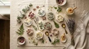 Flat lay photography of fresh linen wax melts accompanied by dried lavender sprigs