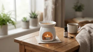 Fresh linen wax melts gently melting inside a white ceramic oil burner on a wooden shelf