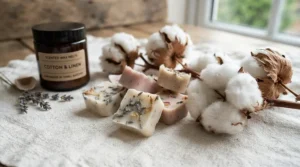 Fresh linen wax melts displayed alongside fluffy white cotton stems on linen fabric