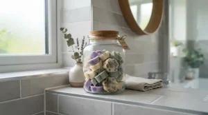Fresh linen wax melts stored in a glass jar on a clean white bathroom shelf