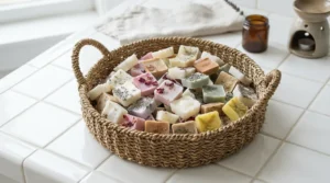 Woven wicker storage basket holding assorted botanical wax blocks, styled as fresh scent wax melts for bathroom organisation.