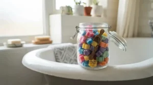 Glass jar of scented wax melts resting on the edge of a freestanding roll-top bathtub, demonstrating fresh scent wax melts for bathroom self-care.