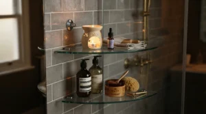 Tiered glass corner shower caddy displaying fresh scent wax melts for bathroom relaxation during an evening routine.