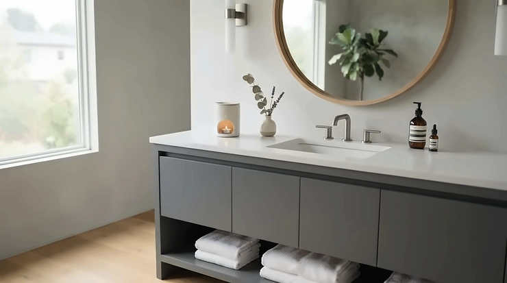 Contemporary grey tiled bathroom vanity unit displaying fresh scent wax melts for bathroom decor and fragrance.