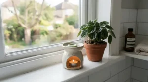 Small tealight burner next to a trailing houseplant on a frosted bathroom window sill, using fresh scent wax melts for bathroom freshness.