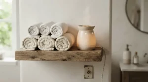 Stacked fluffy towels beside an electric warmer with fresh scent wax melts for bathroom ambience and continuous fragrance.
