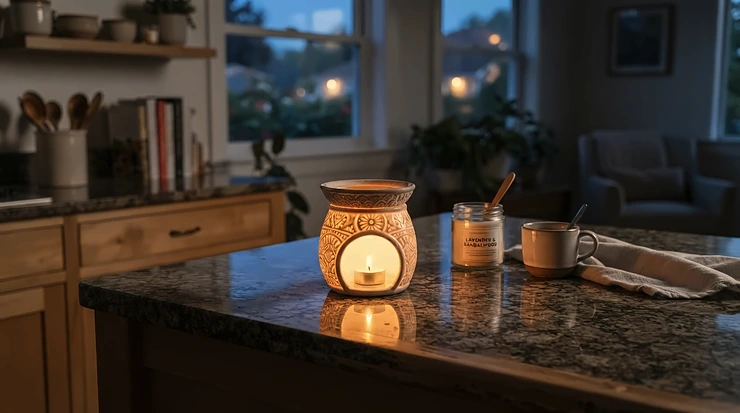 Fresh wax melts for kitchen glowing softly during evening meal preparation