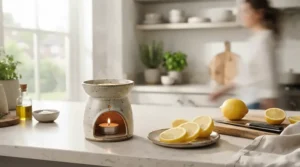 Lemon and lime fresh wax melts for kitchen counter near a fruit bowl