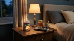 A cosy bedroom display showing fresh wax melts under £10 beside a glowing bedside lamp.