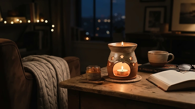 An evening relaxation setup highlighting fresh wax melts under £10 burning gently in a dark room.