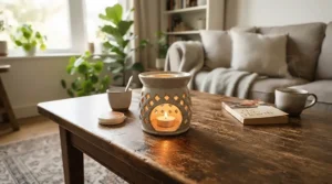 A ceramic burner diffusing fresh wax melts under £10 in a cosy living room