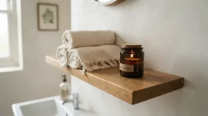 Bathroom shelf styling featuring fresh wax melts vs clean cotton wax melts