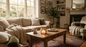 A living room showcasing fresh wax melts vs clean cotton wax melts in a British home setting