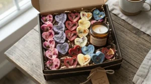 A gift box containing assorted purple lavender wax melts and a tealight candle