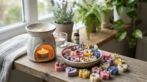 Handmade floral wax melt gift set featuring a ceramic burner and botanical melts