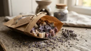 A rustic brown craft paper bag filled with artisan lavender wax melts and purple petals
